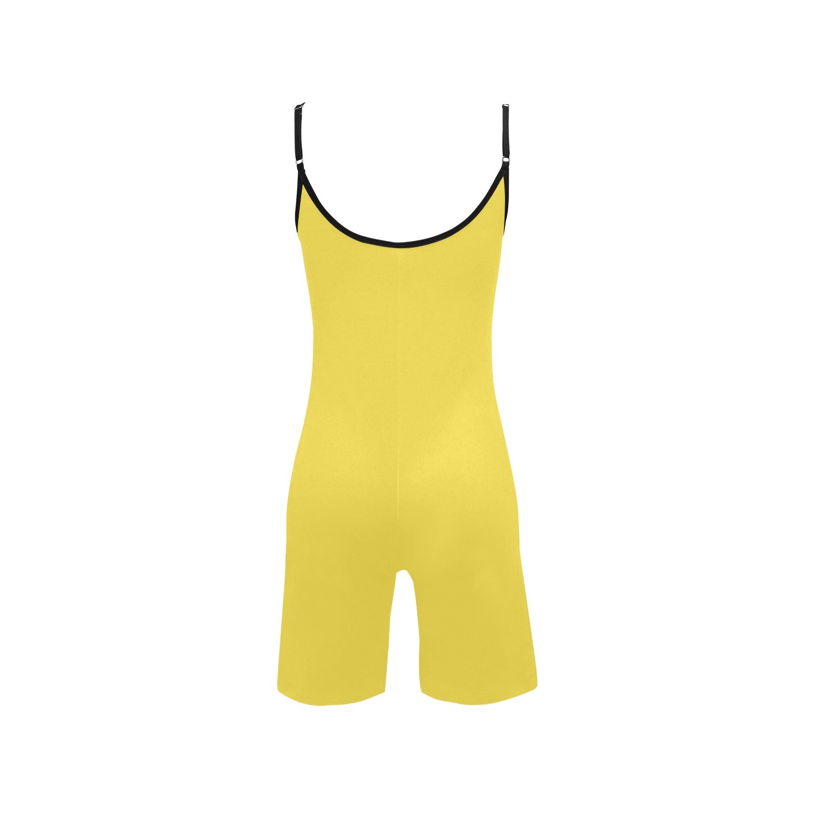 Yellow short yoga bodysuit with thin straps, scoop neck, black trim, logo on front