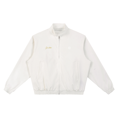 White stand-collar bomber jacket with front zipper, flap pockets, and ribbed cuffs.