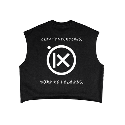 Black boxy tank top with circular graphic print and crew neck ribbing