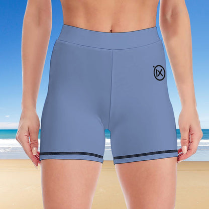 Women’s slate blue yoga biker shorts, black logo on thigh with contrast trim at hem