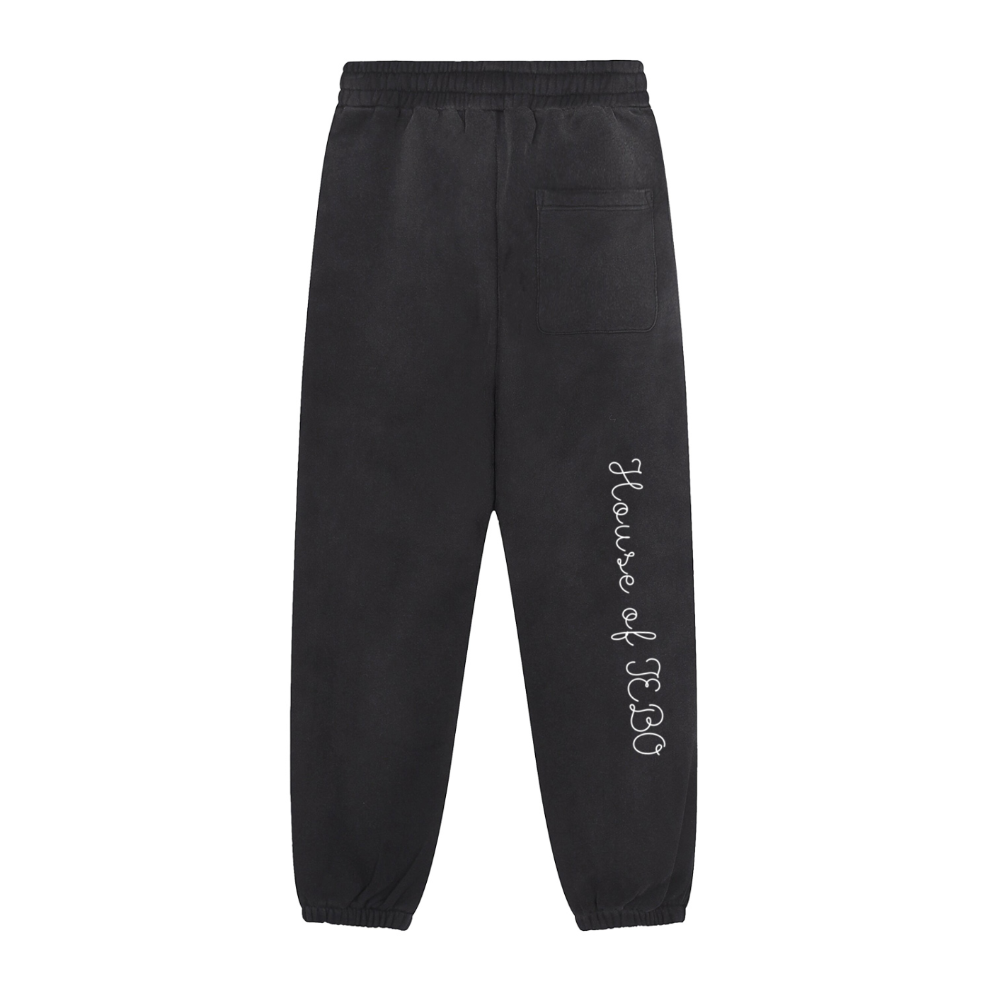 Black joggers with side logo text, back patch pocket, and elastic ankle cuffs