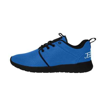 Blue lace-up running shoes with black accents and low-profile sole