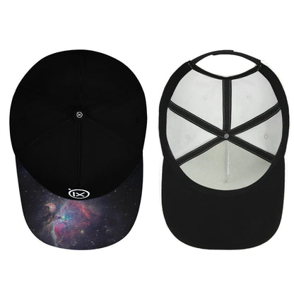 Baseball cap front panels shown: black with galaxy brim and white with black trim