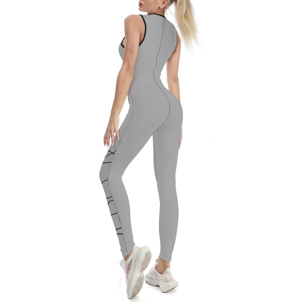 Women’s one-piece yoga suit, dark gray with black side print and contrast collar