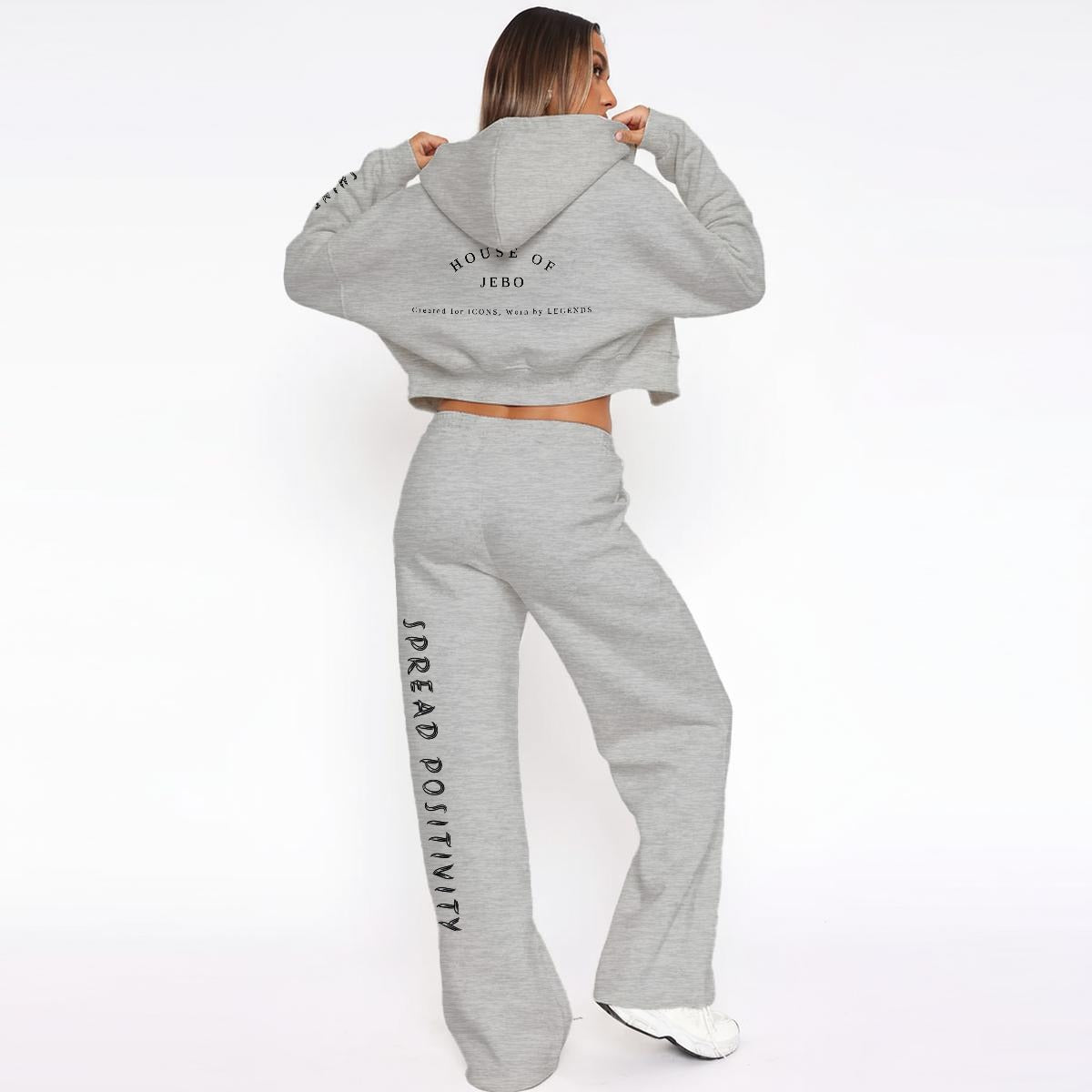 Women’s fleece tracksuit set in gray: hooded zip jacket and wide-leg pants with side print