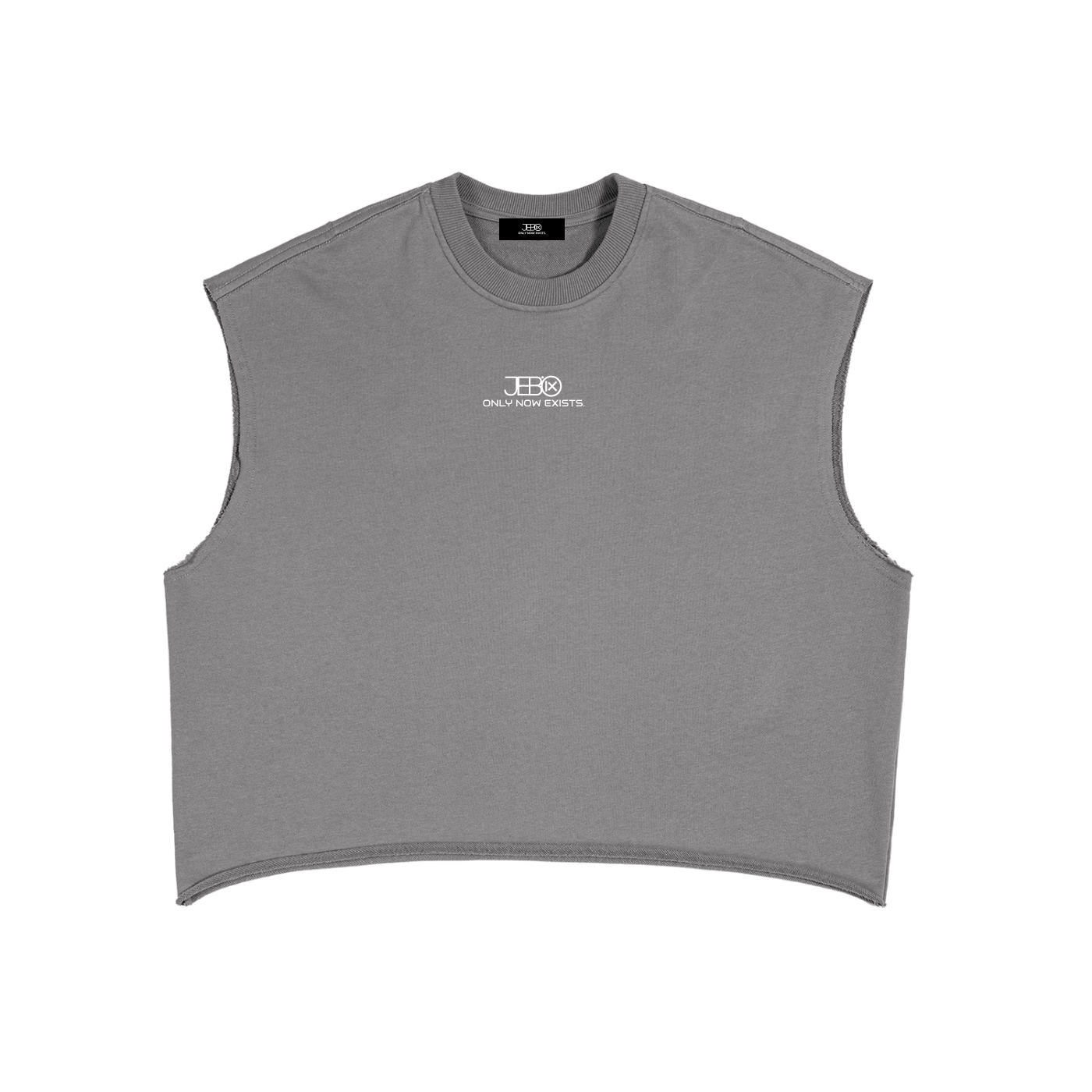 Gray boxy tank top with small chest logo and crew neck ribbing