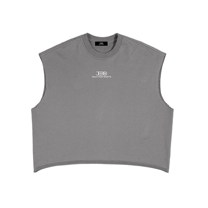 Gray boxy tank top with small chest logo and crew neck ribbing