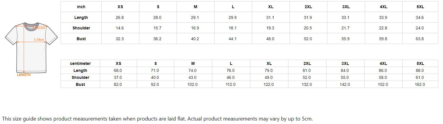 Tee size chart with measurements for XS to 5XL, including length, shoulder, bust