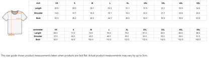 Tee size chart with measurements for XS to 5XL, including length, shoulder, bust