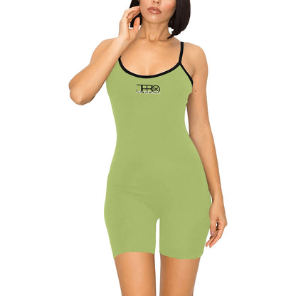 Short yoga bodysuit in lime green with thin straps, scoop neck, black trim, front logo