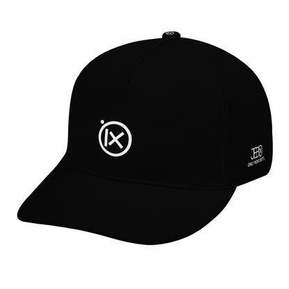 Black baseball cap with Ix emblem; leopard-print brim; side tag text visible