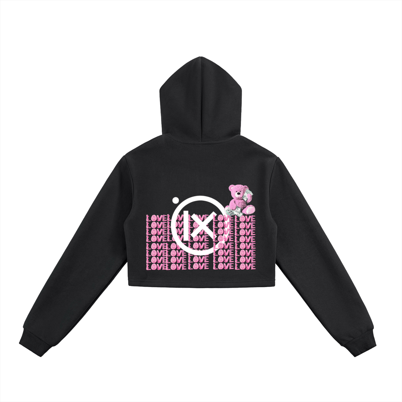 Cropped zip-up hoodie, black, hooded back with bear graphic and LOVE pattern