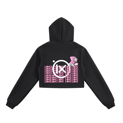 Cropped zip-up hoodie, black, hooded back with bear graphic and LOVE pattern