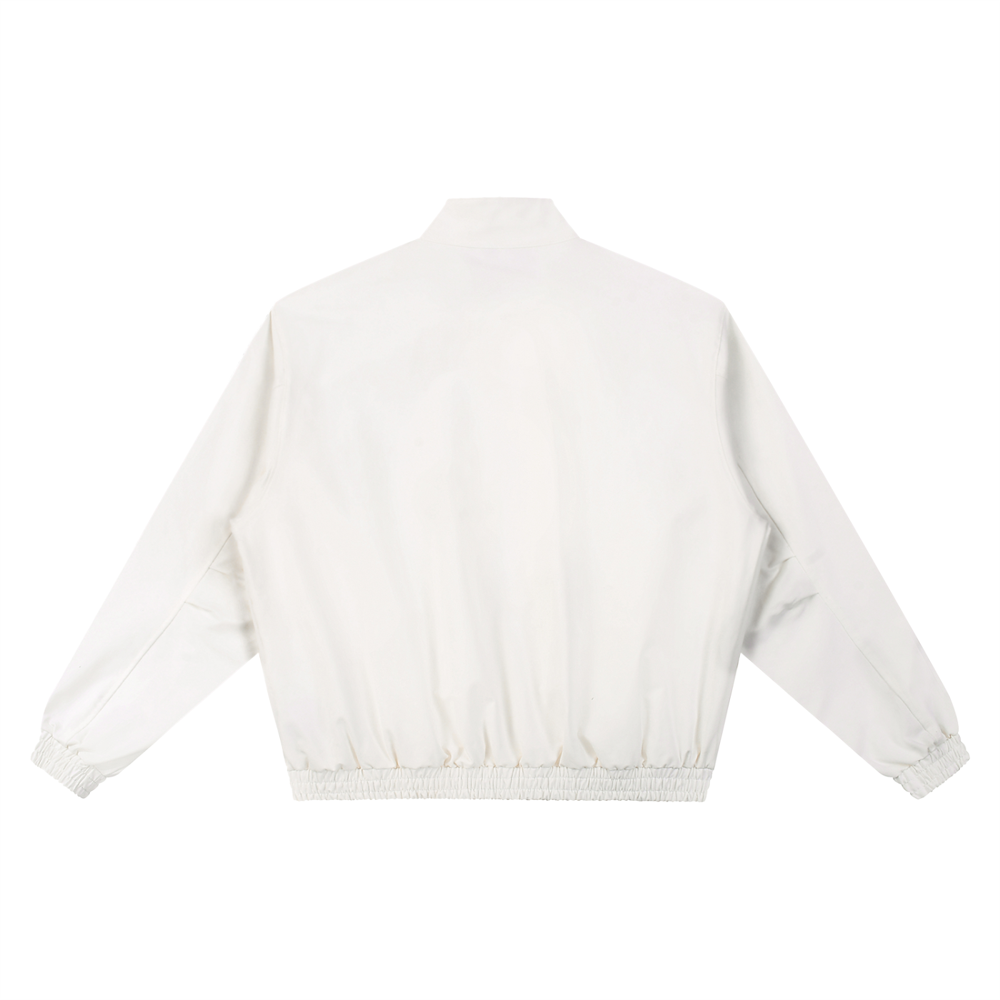 White stand-collar bomber jacket, back view with ribbed cuffs and elastic hem.