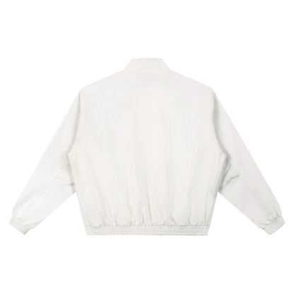 White stand-collar bomber jacket, back view with ribbed cuffs and elastic hem.
