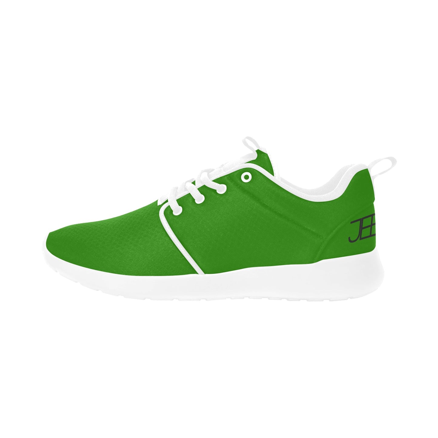 Green mens performance runner shoes with white laces and cushioned sole