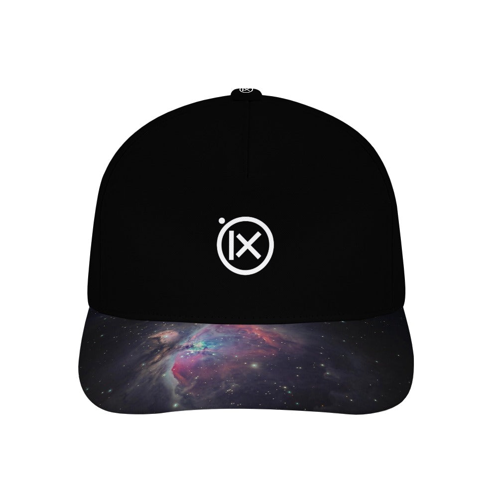 Black baseball cap with iX logo and galaxy-pattern brim