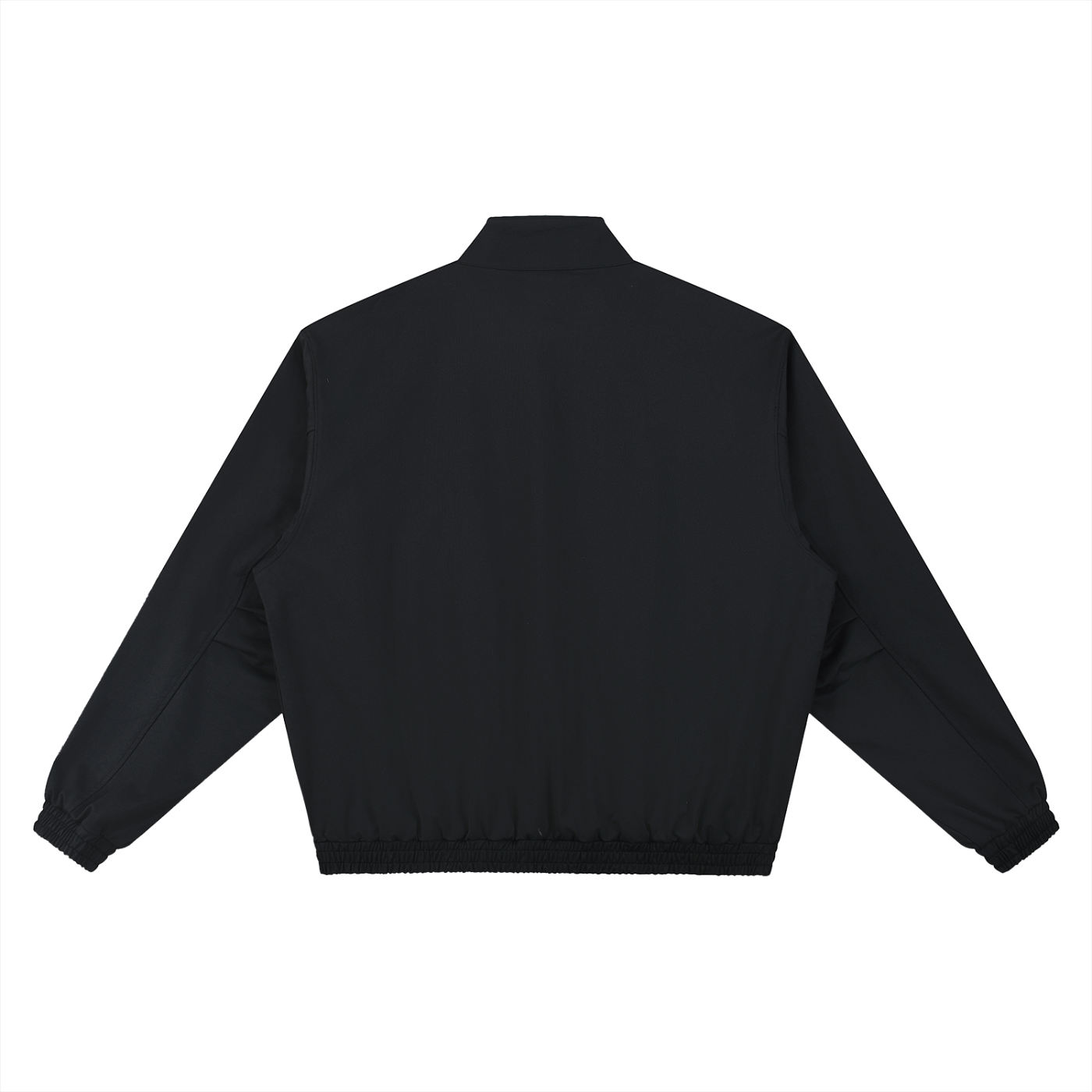 Black stand-collar bomber jacket, back view with ribbed cuffs and elastic hem.