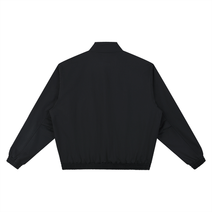 Black stand-collar bomber jacket, back view with ribbed cuffs and elastic hem.