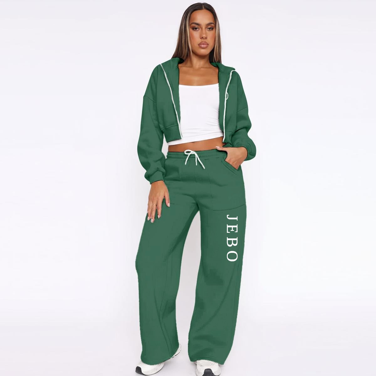 Women's fleece tracksuit, dark green zip hoodie and wide-leg drawstring pants