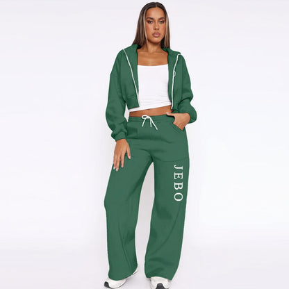 Women's fleece tracksuit, dark green zip hoodie and wide-leg drawstring pants