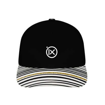 Black baseball cap with striped brim and ix logo; gold accent line on brim