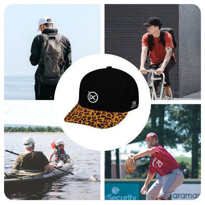 Baseball cap with black crown and leopard-print brim, iX logo on front.