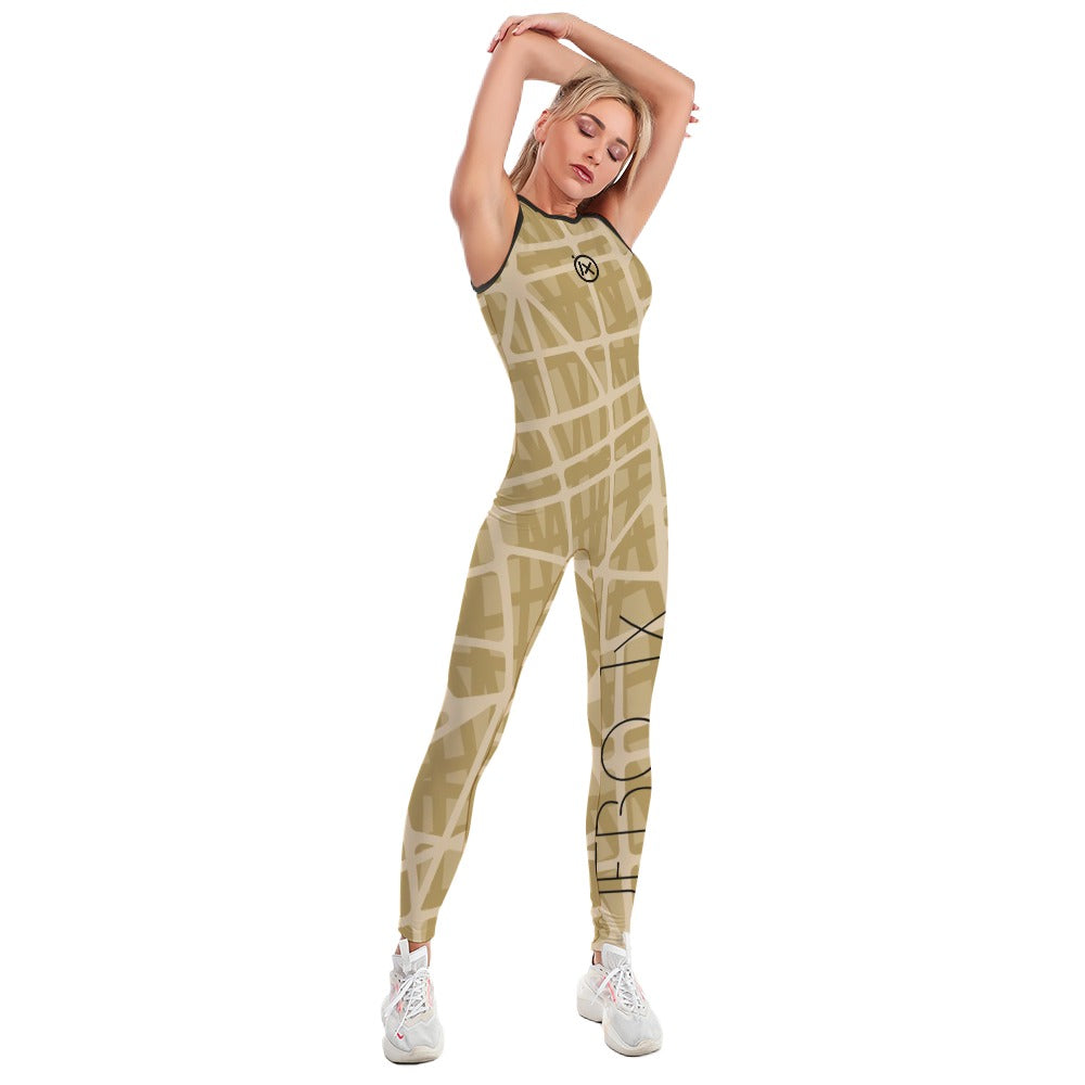 Wheat sleeveless one-piece yoga suit with grid pattern and black crew neck
