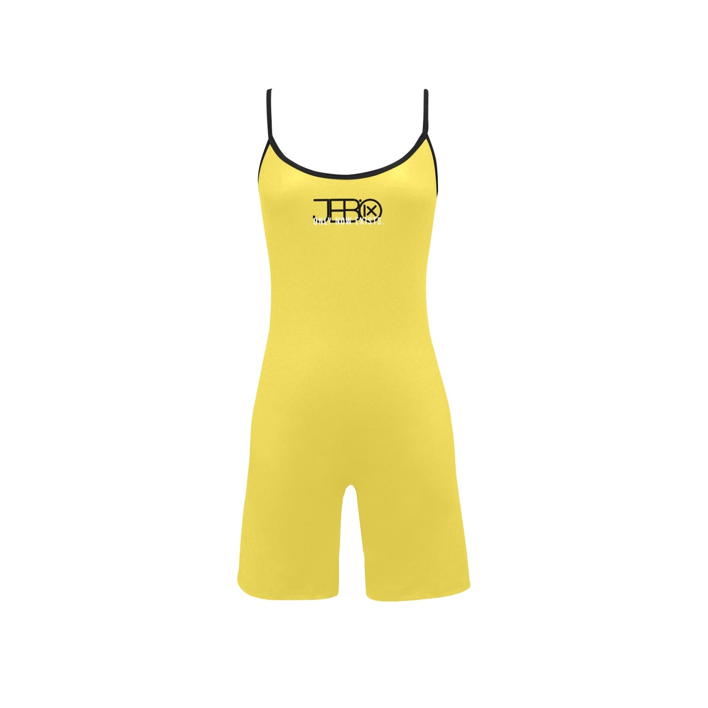 Yellow short yoga bodysuit, spaghetti straps and scoop neckline, black-trim logo chest