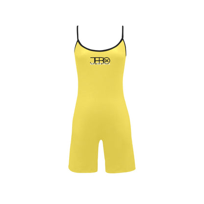 Yellow short yoga bodysuit, spaghetti straps and scoop neckline, black-trim logo chest