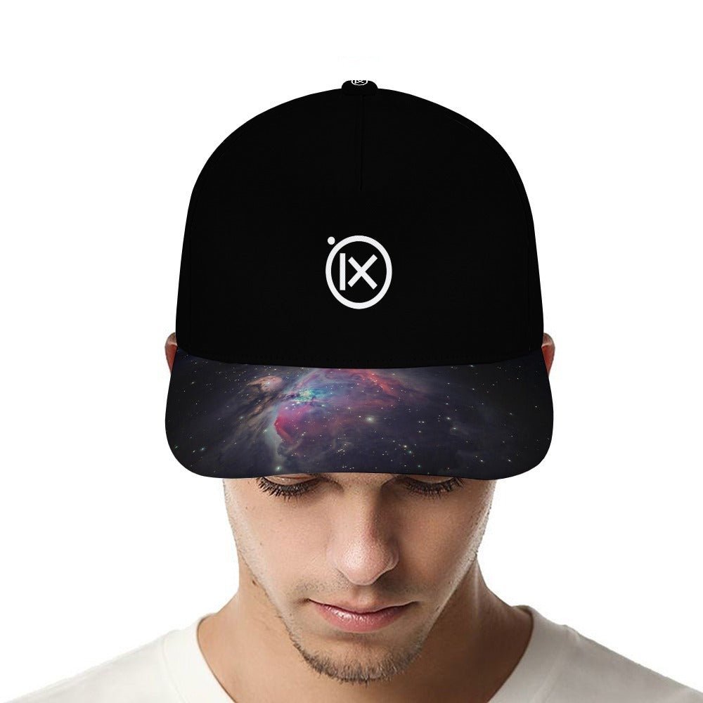 Black baseball cap with iX logo on front and galaxy-pattern brim