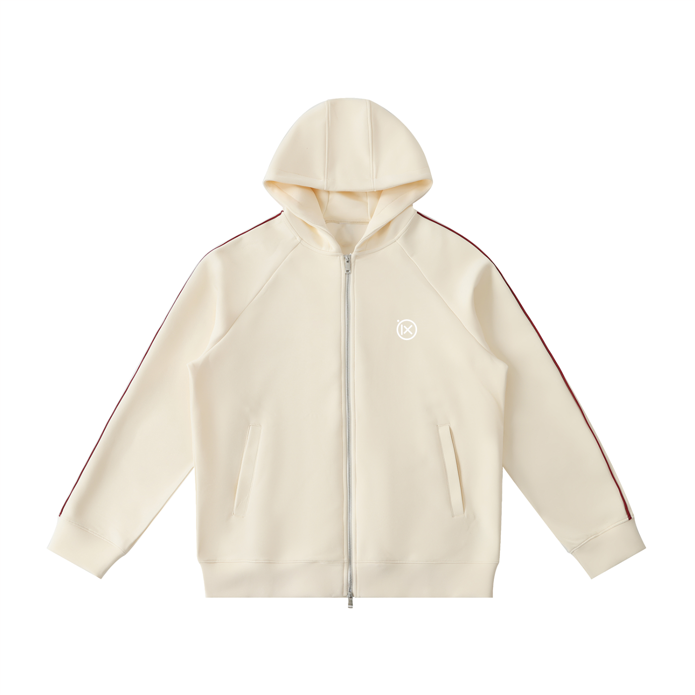 Raglan zip hoodie in cream with hood, front zipper, pockets, and maroon contrast trim