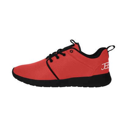 Mens core runner shoes, red knit upper with black laces and JEBIX logo on side