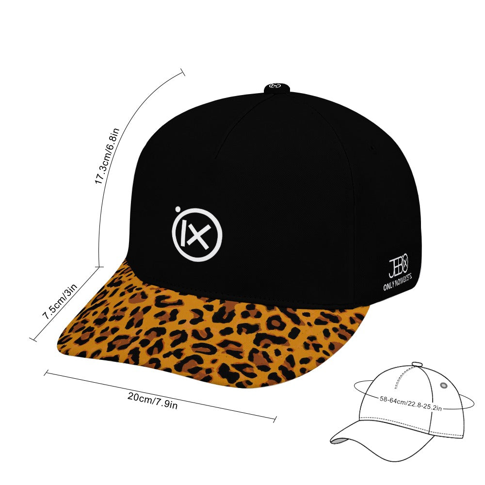 Baseball cap size diagram: black crown with leopard-print brim, iX front logo.