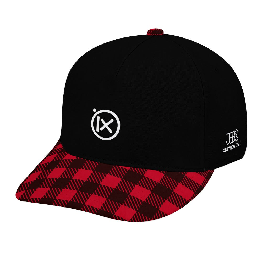 Black and red plaid baseball cap with Ix logo and side slogan patch