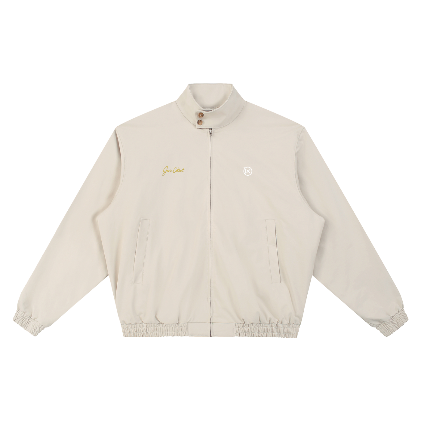 Beige stand-collar bomber jacket with front zipper, flap pockets, and ribbed cuffs.