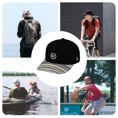 Black baseball cap with striped brim featuring gold accent line and ix logo