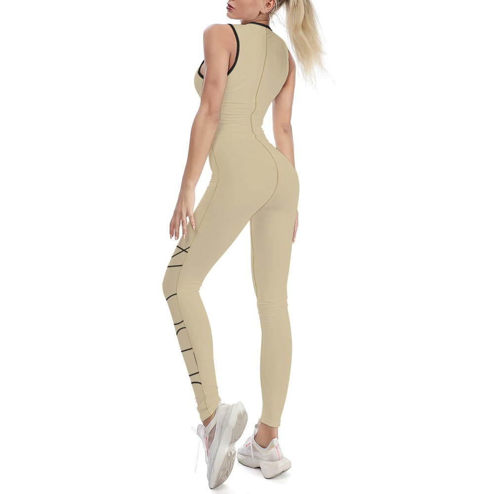 Womens one-piece yoga suit, tan with black trim, sleeveless back view and side leg panel