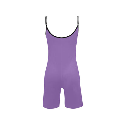 Violet short yoga bodysuit back view, scoop neck spaghetti straps, black contrast trim