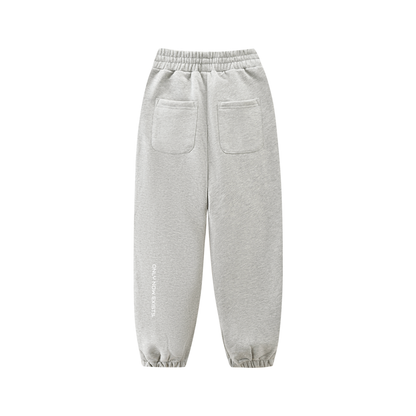Kids fleece jogger in light gray with elastic waistband, cuffs, back view pocket design