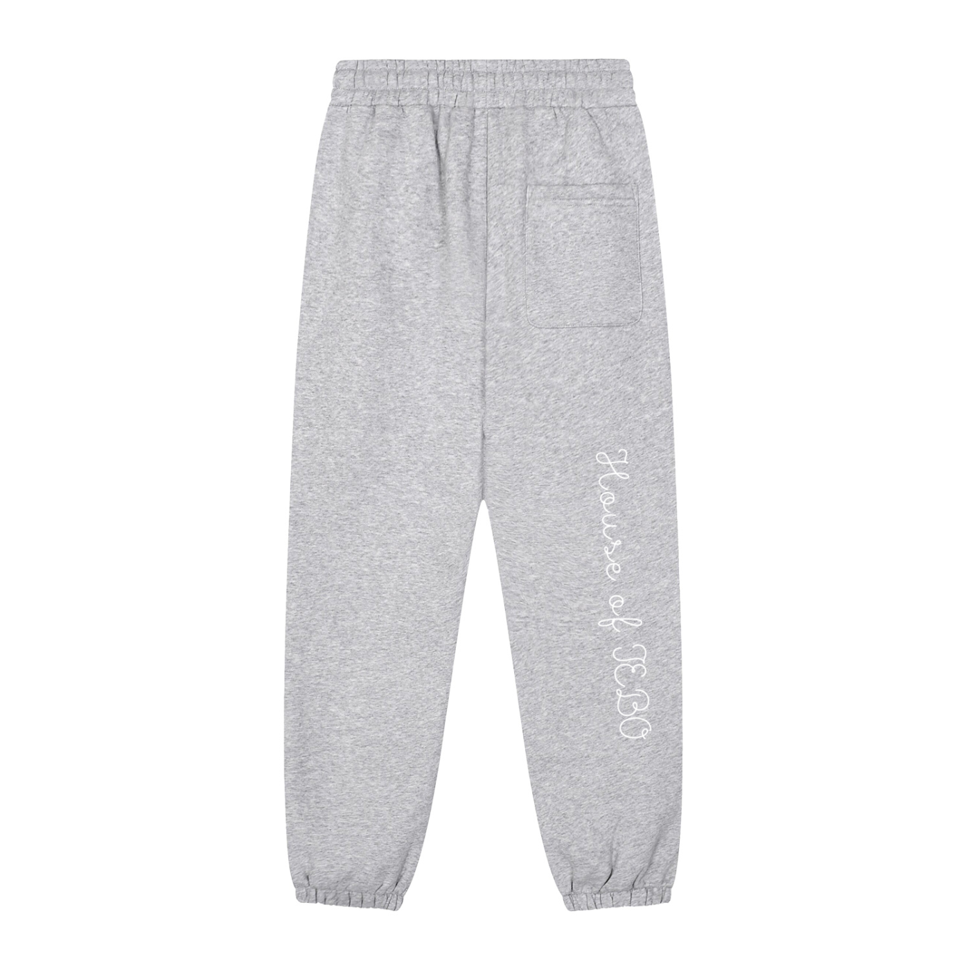 Heather gray joggers with side logo text, back patch pocket, and elastic ankle cuffs
