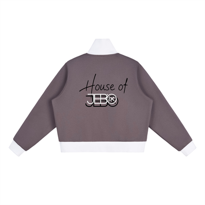 Purple cropped track jacket back with slogan print, full zip, contrast side stripes