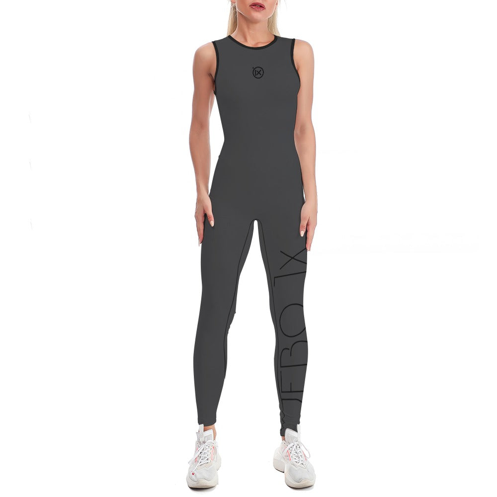 Womens one-piece yoga suit, dark gray with sleeveless round neck and side leg graphic panel