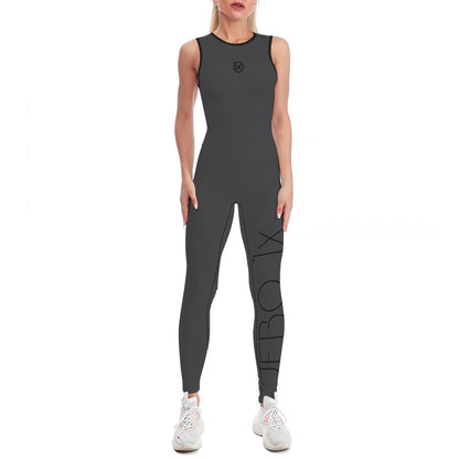 Womens one-piece yoga suit, dark gray with sleeveless round neck and side leg graphic panel