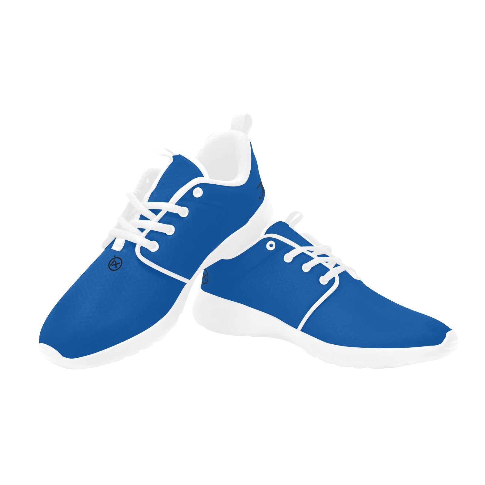 Men's running shoes, blue pair with white laces and soles, side view