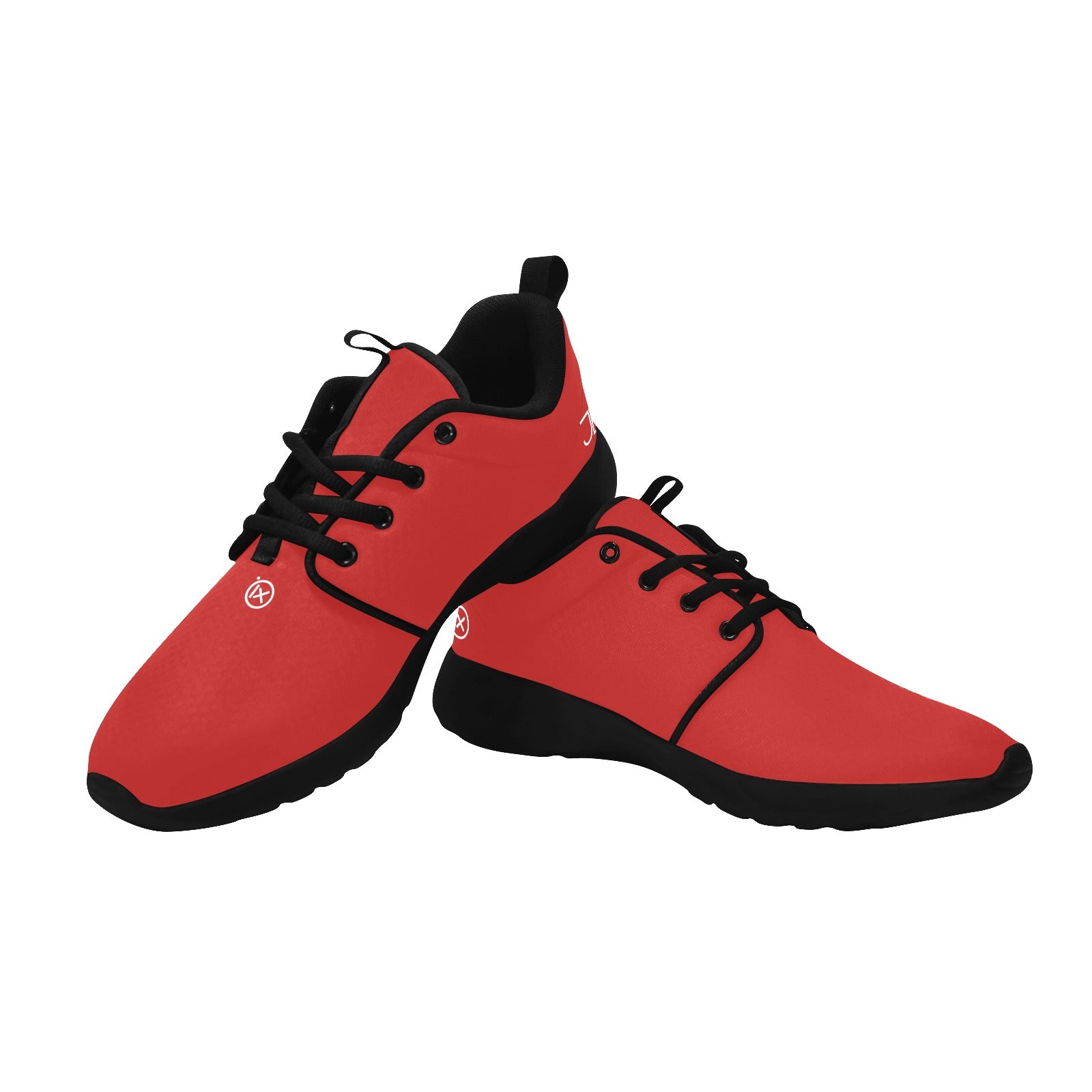 Red lace-up running shoes with black accents and thick rubber sole