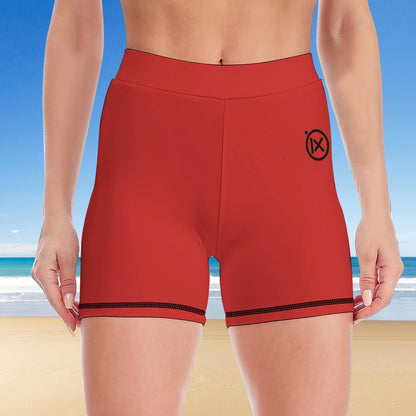 Women’s yoga two-piece set, fire red high-waist shorts with black hem trim