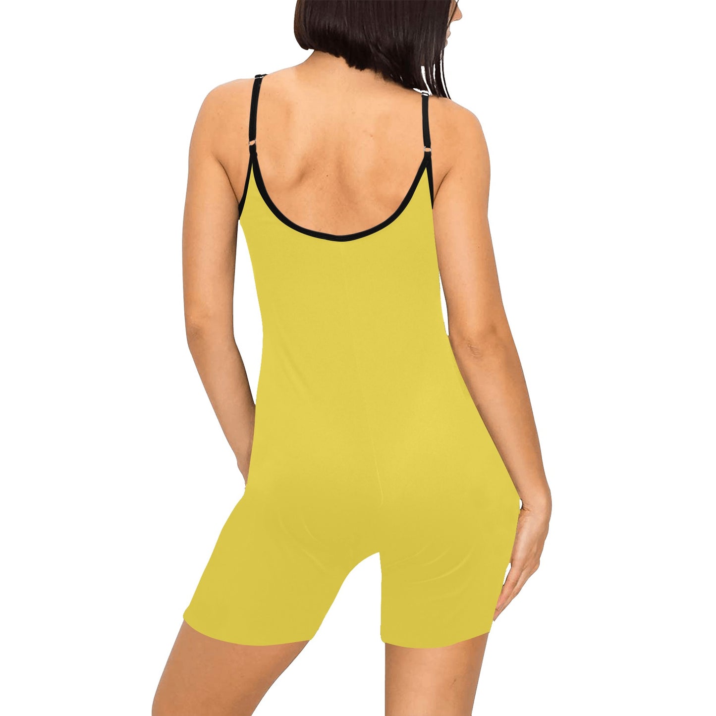 Back view of yellow short yoga bodysuit with thin straps and black edging
