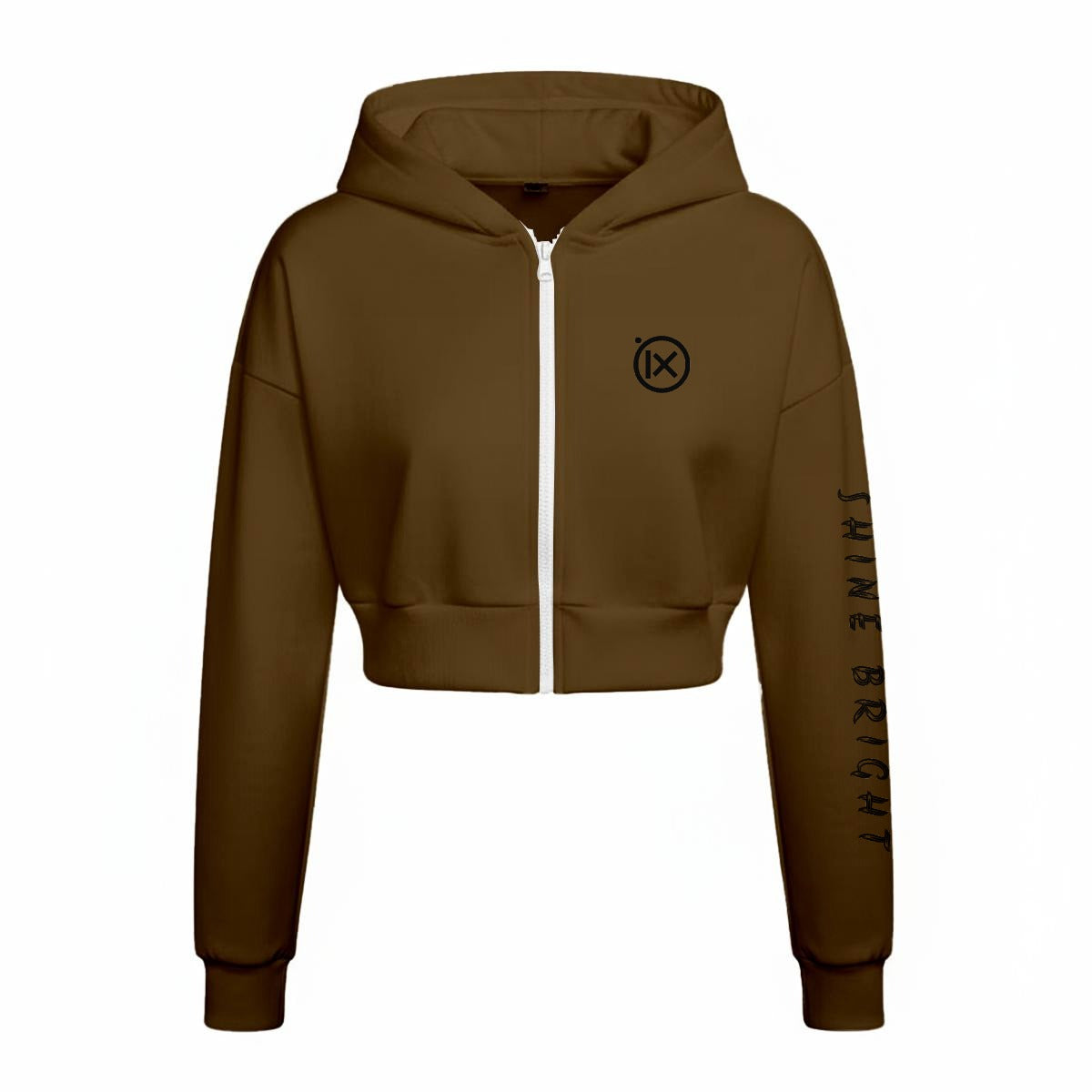 Brown fleece zip hoodie with hood, ribbed cuffs, and logo patch on chest.