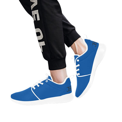 Men's running shoes, blue lace-up with white trim and cushioned sole